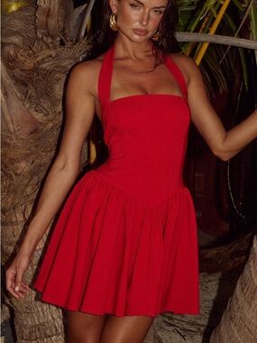 Jaus Red Halter Mini Dress with Flared Skirt